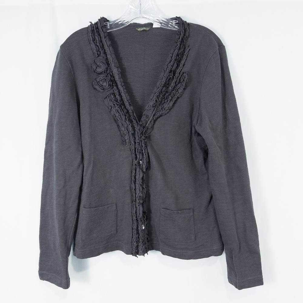 Eddie Bauer Womens Ruffle Trim Slub Knit Cardigan Size Large Gray V Neck Buttons
